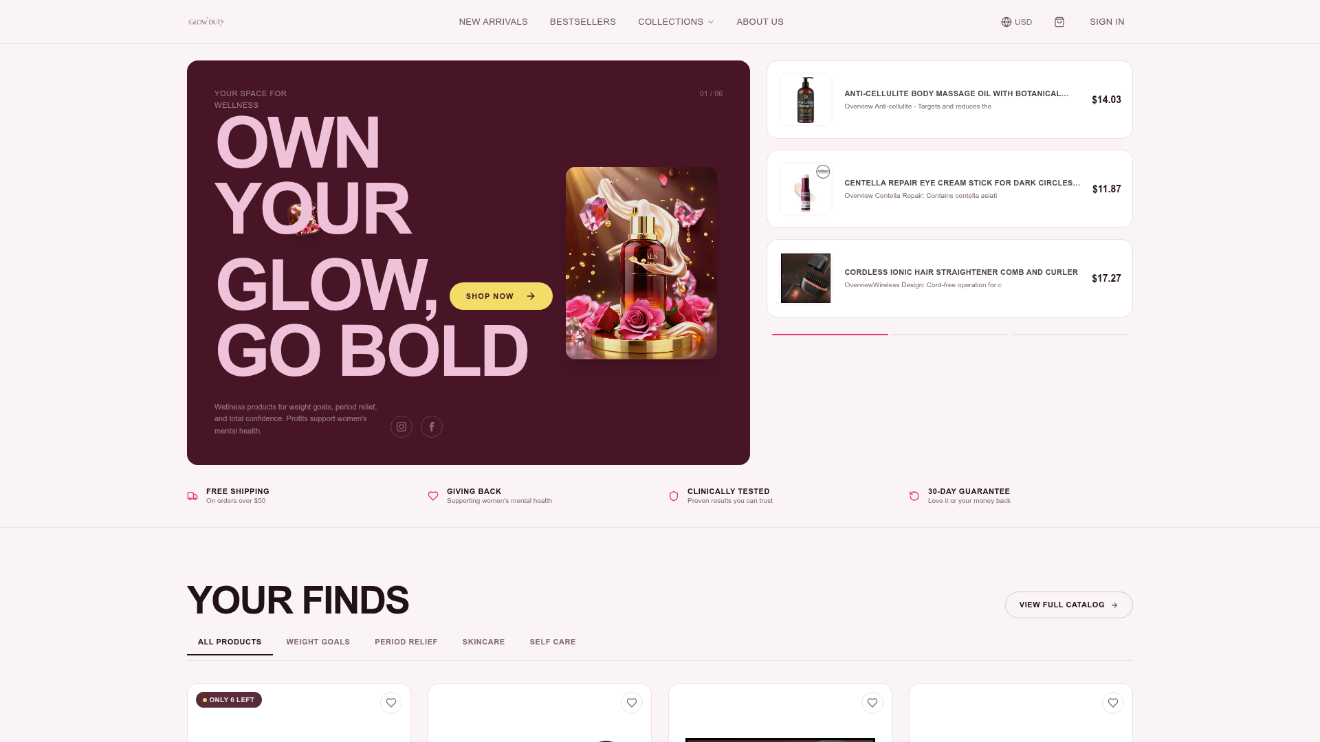 GlowDuty — Women’s wellness storefront with mission-driven commerce