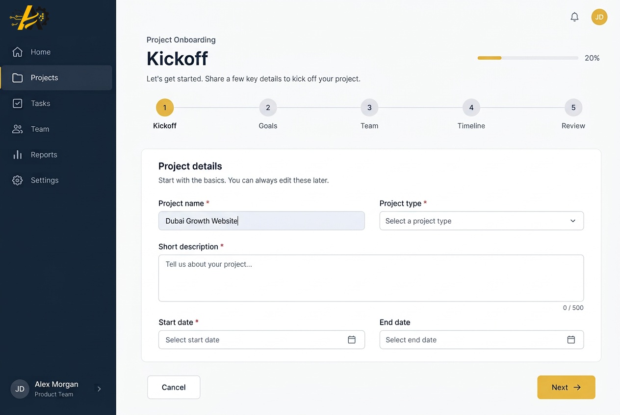 Client portal at the Kickoff stage